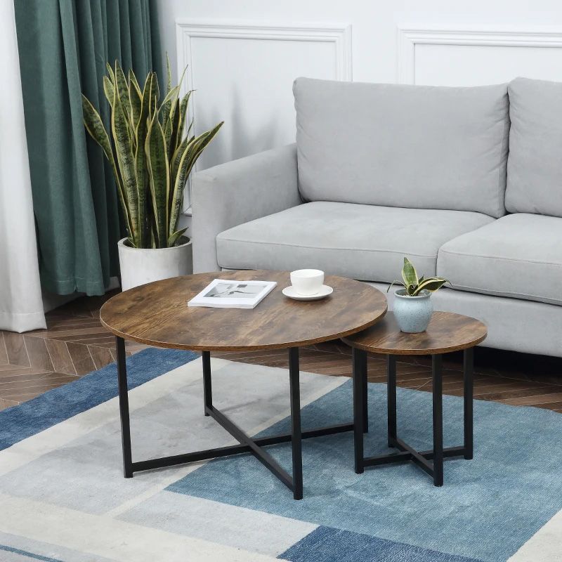 Industrial Round Nesting Coffee Table Set of 2 Rustic Brown  Modern Living Room Furniture UK