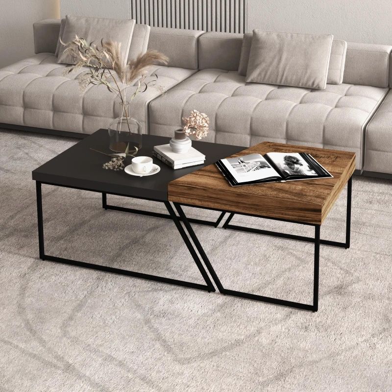 2 Piece Coffee Table Set – Rustic Brown & Black | Modern Industrial Living Room Furniture UK