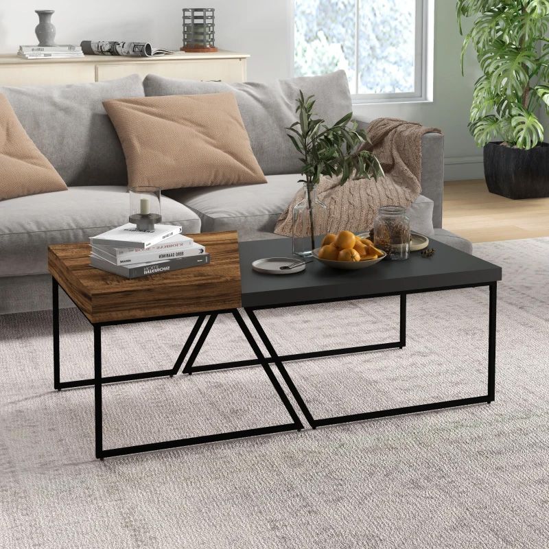 2 Piece Coffee Table Set – Rustic Brown & Black | Modern Industrial Living Room Furniture UK