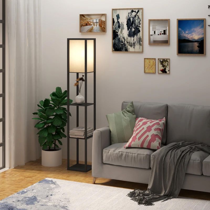 Black 3-Tier Floor Lamp with Storage Shelves – Modern Standing Lamp for Living Room or Bedroom Lighting