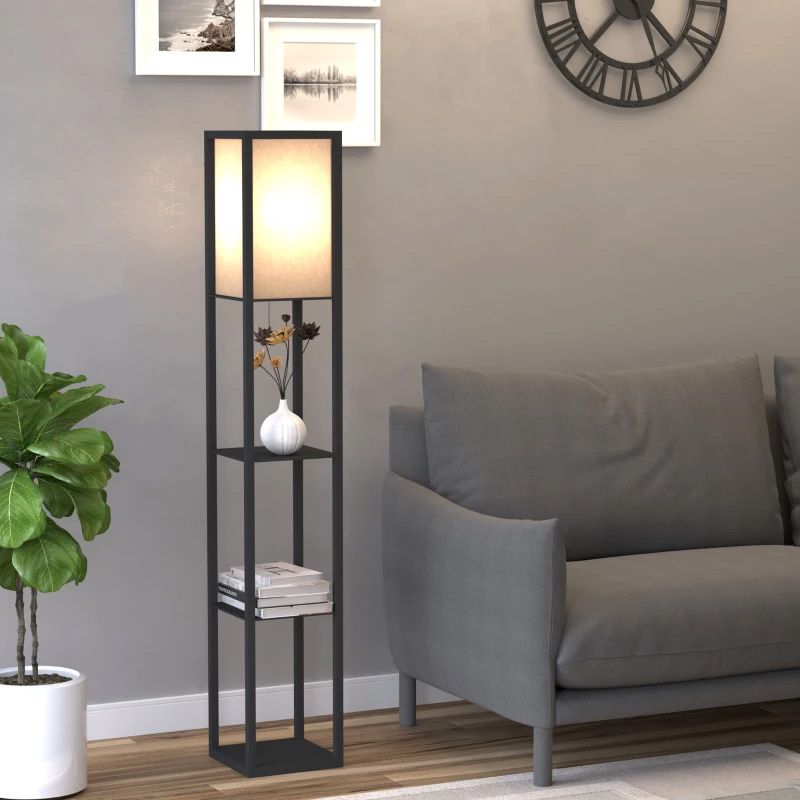 Black 3-Tier Floor Lamp with Storage Shelves – Modern Standing Lamp for Living Room or Bedroom Lighting