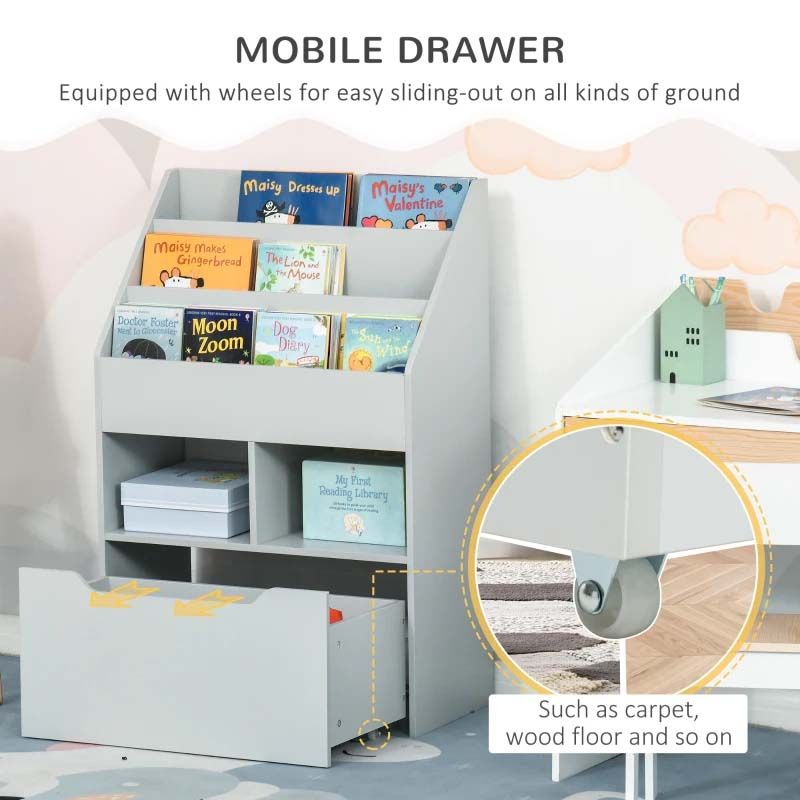 Grey Wooden Kids Bookshelf with Drawer – Modern Children’s Book Storage Unit for Bedroom or Playroom