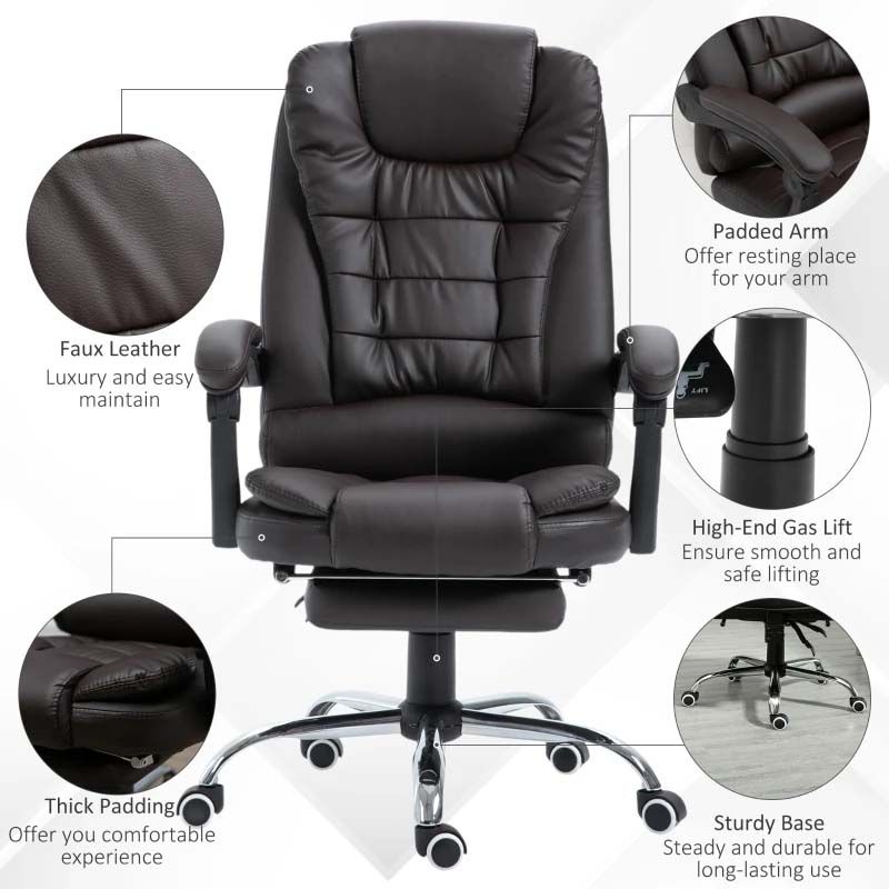 Brown Executive Office Chair with Footrest – Comfortable Reclining Leather Desk Chair for Home Office