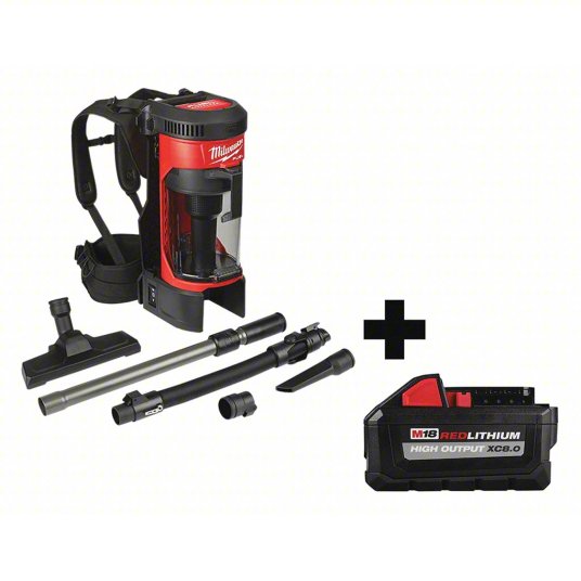 MILWAUKEE Cordless Backpack Vacuum: 55 cfm Vacuum Air Flow, 15.2 lb Wt, 76 dB Sound Level
