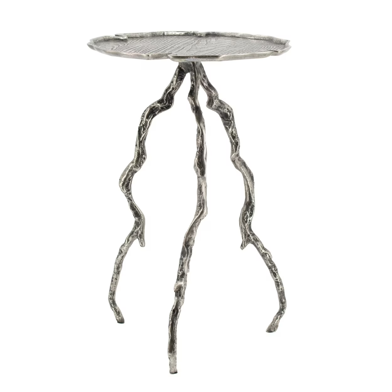 24 Inch Accent Table, Aluminum Metal Branch Tripod Legs, Antique Silver, Saltoro Sherpi