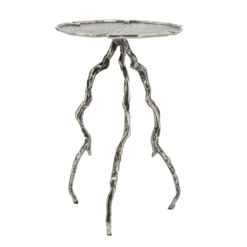 24 Inch Accent Table, Aluminum Metal Branch Tripod Legs, Antique Silver, Saltoro Sherpi