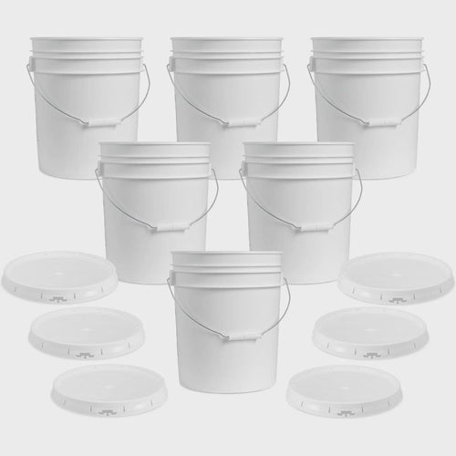 5 Gallon White Bucket & Lid - Set of 6 - Durable 90 Mil All Purpose Pail - Food Grade - Contains No BPA Plastic (5 Gal. w/Lids - 6pk