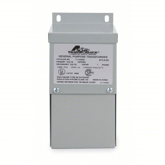 Single Phase Transformer: 240V AC/480V AC, 120V AC/240V AC, Wall, Copper, Single, Gray