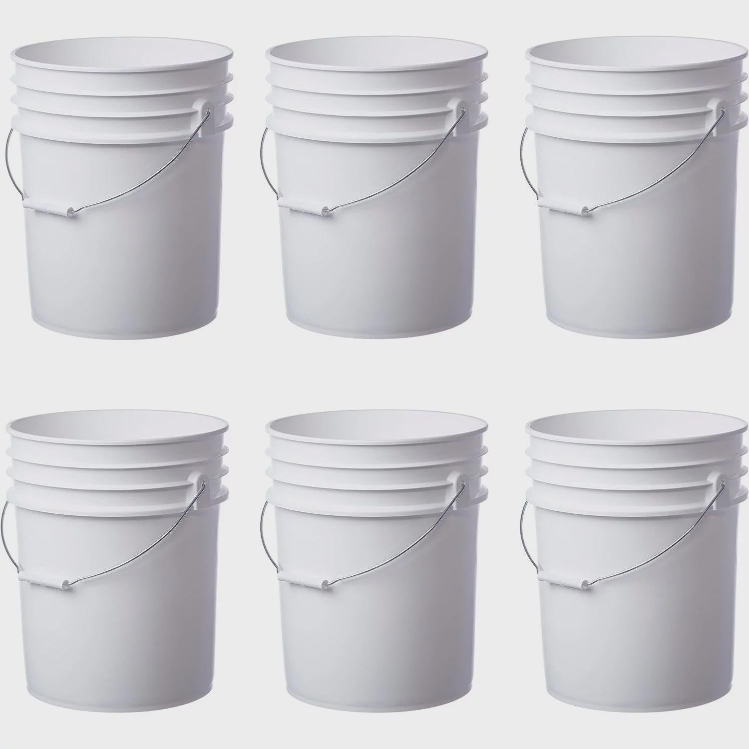 6 Pack | Premium 5 Gallon Bucket, Food Grade BPA Free HDPE, White - no Lid