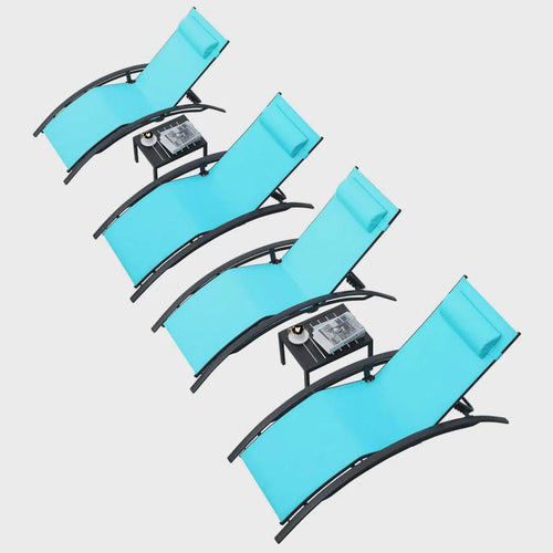 60" Long Reclining Chaise Lounge Set with Cushions and Table (Set of 4)