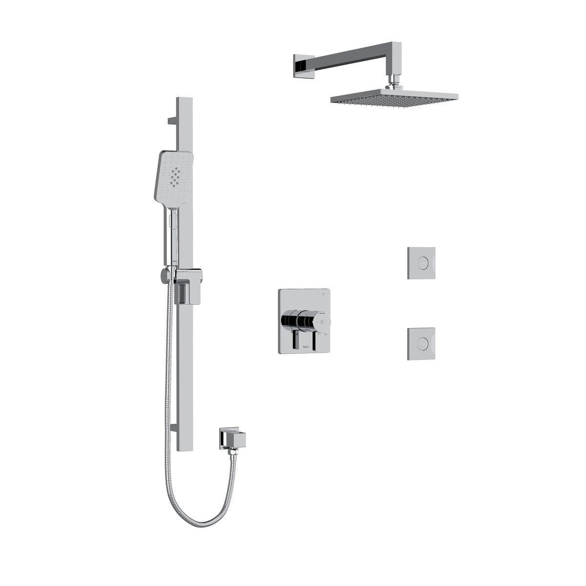 Riobel Paradox Square 3-Way System, Hand Shower Rail, Elbow Supply, Shower Head and 2 Body Jets