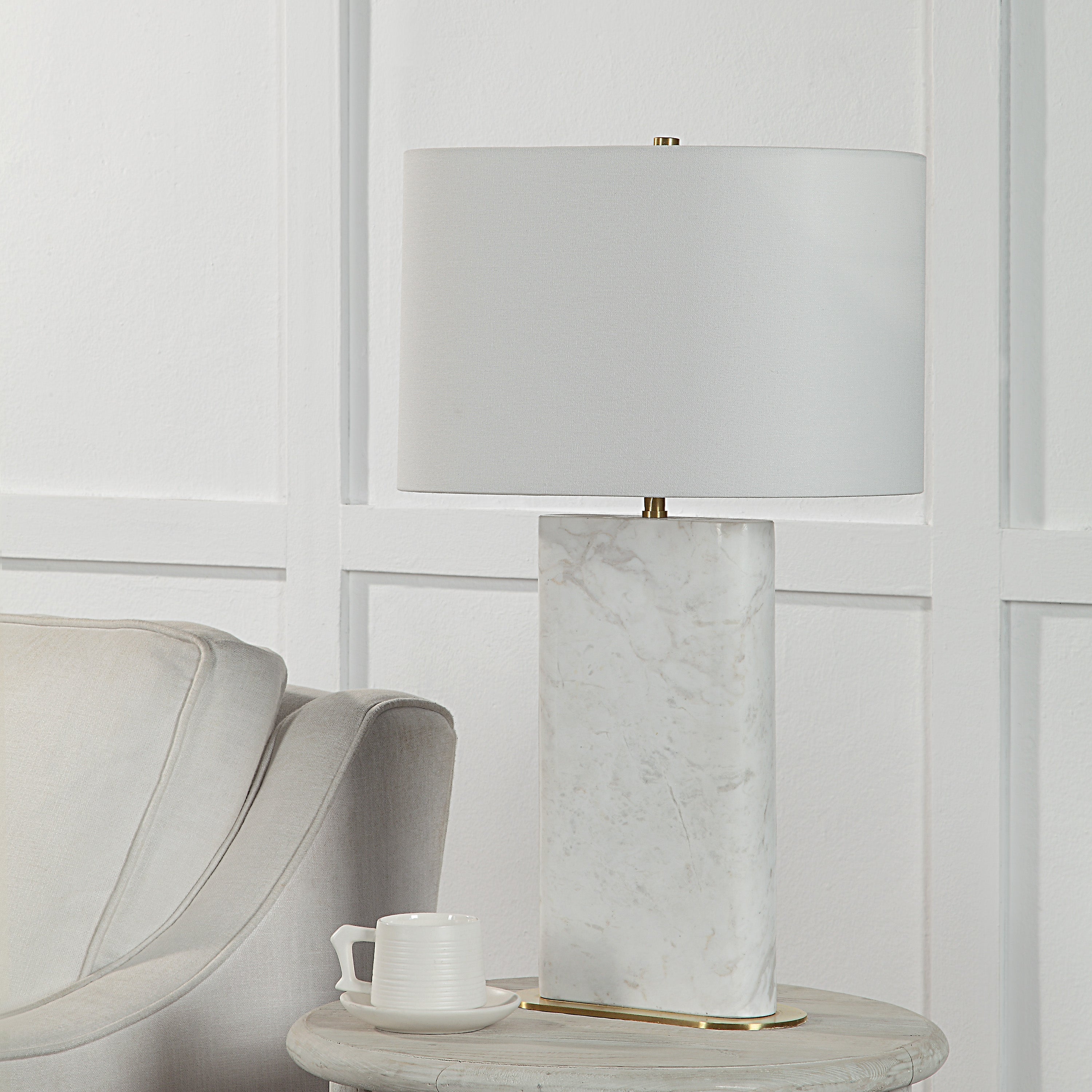 Renwil Irisa 27" Tall Plated Antique Brushed Brass Iron Table Lamp with Drum Linen Shade