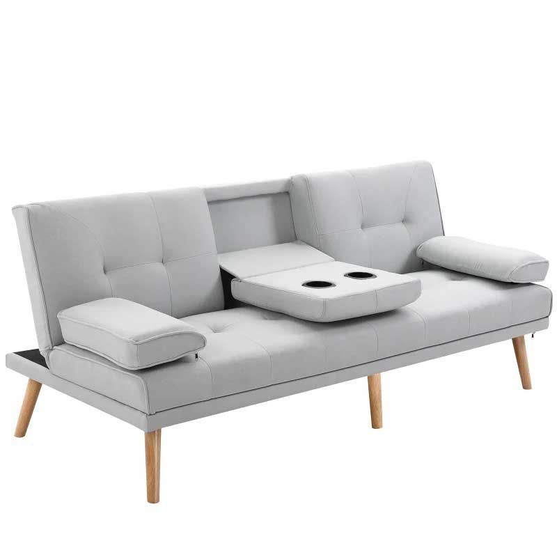 Scandinavian Grey 3 Seater Sofa Bed Recliner with Cup Holders  Modern Fabric Sofa for Living Room UK
