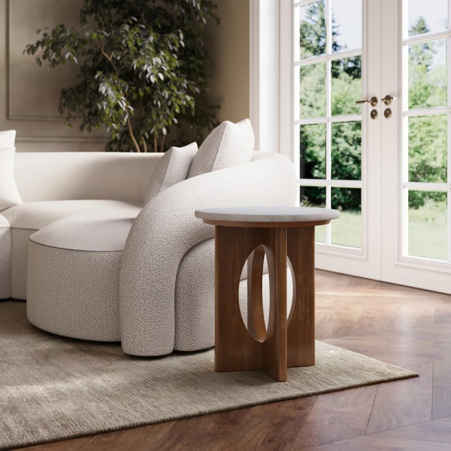 Round White Marble Side Table – Solid Mango Wood Base – Modern End Table for Living Room, Bedroom, Sofa or Accent Use