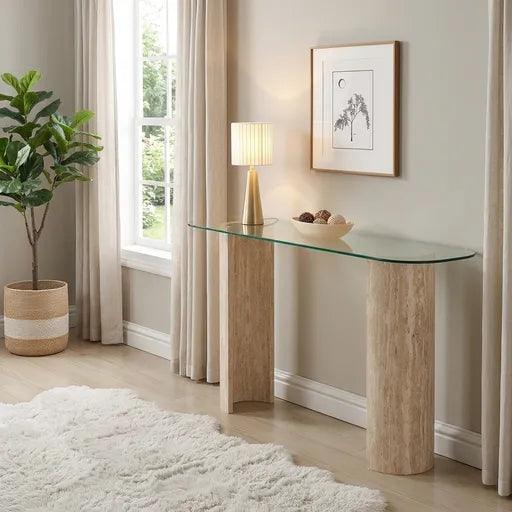 Modena Console Table – Clear Glass & Cream Marble