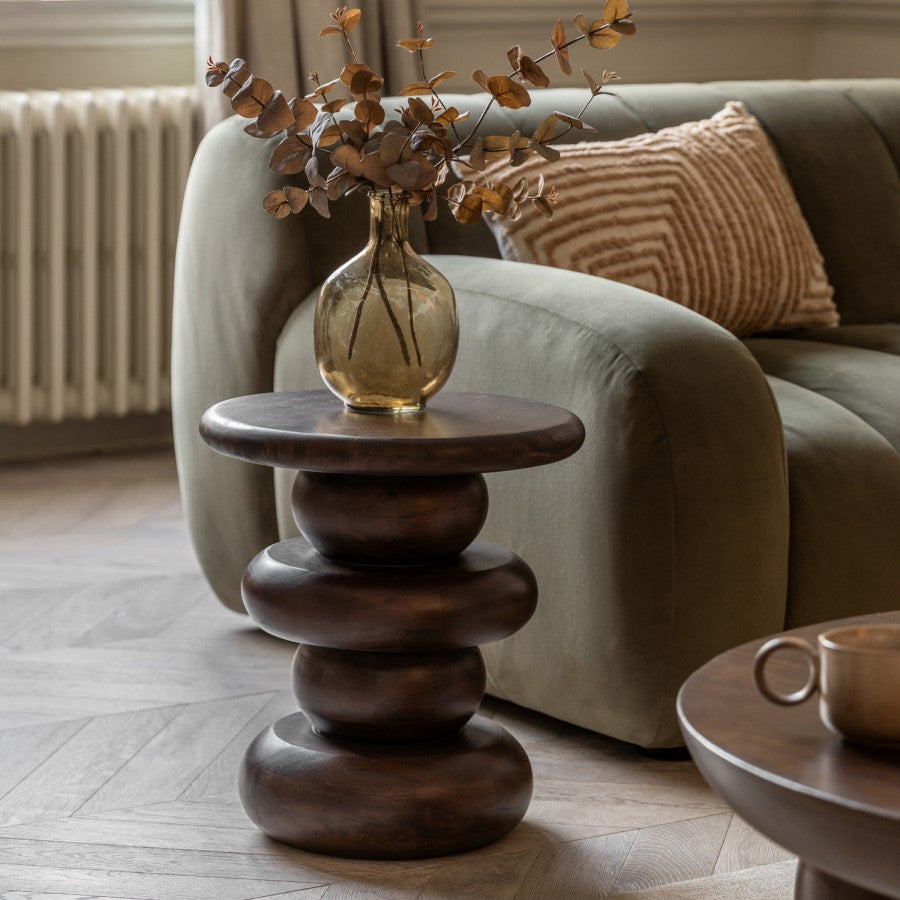 Round Sculptural Dark Mango Wood Side Table Modern Handmade Accent Furniture UK