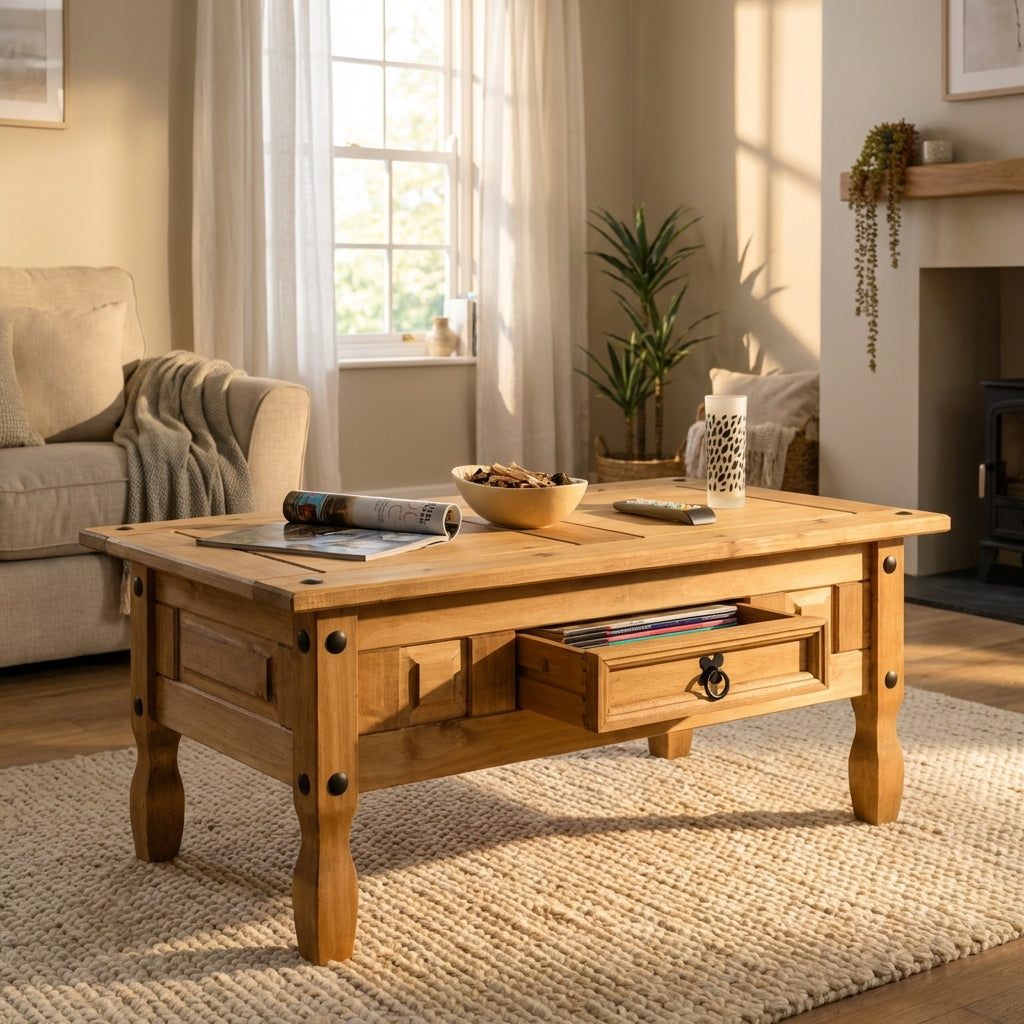 Corona 1 Drawer Coffee Table – Distressed Waxed Pine