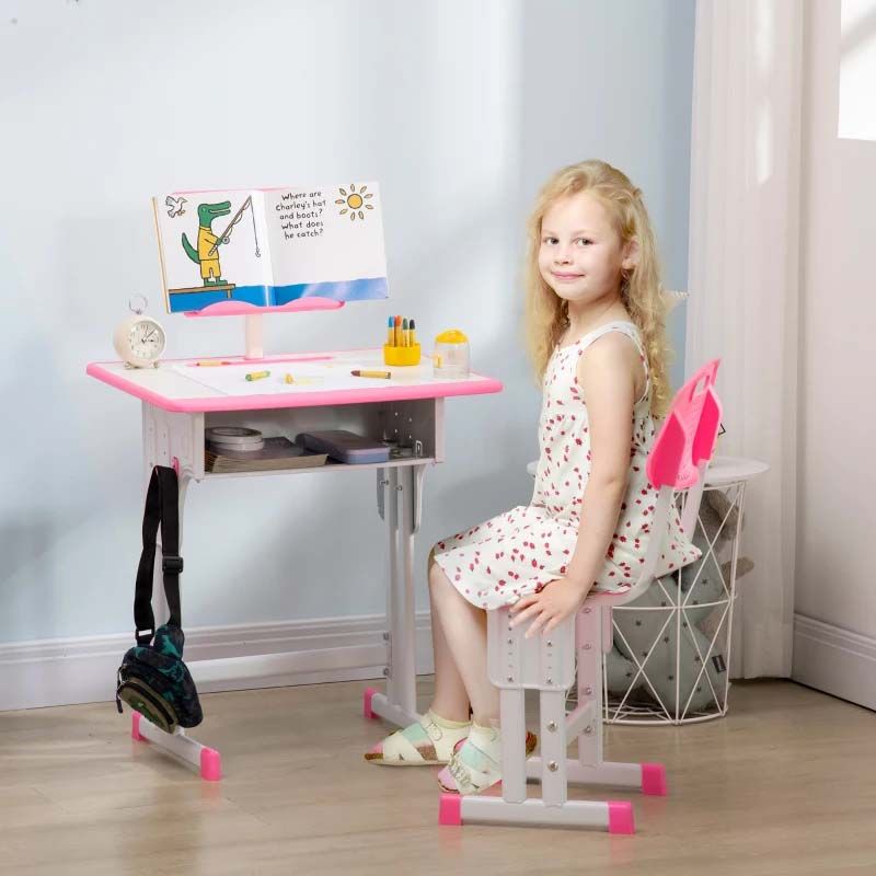 Pink Height Adjustable Kids Desk and Chair Set – 2 Piece Study Table for Children’s Bedroom or Homework Station