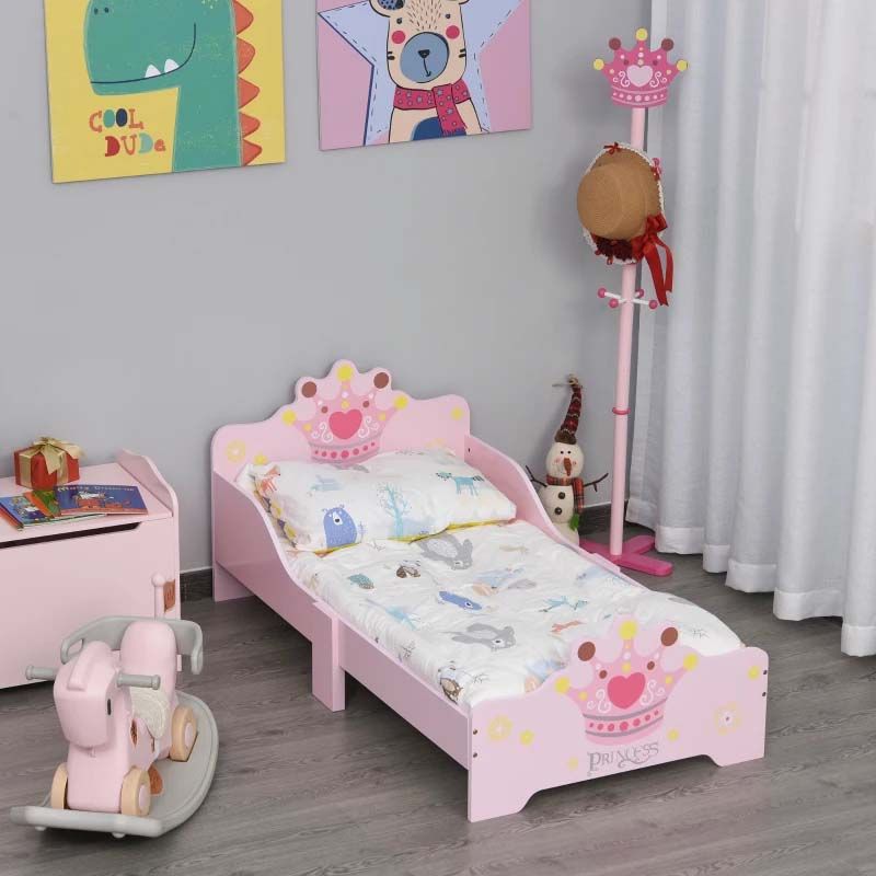 Princess Pink Wooden Toddler Bed – Crown Design Girls Bed Frame for Kids Bedroom