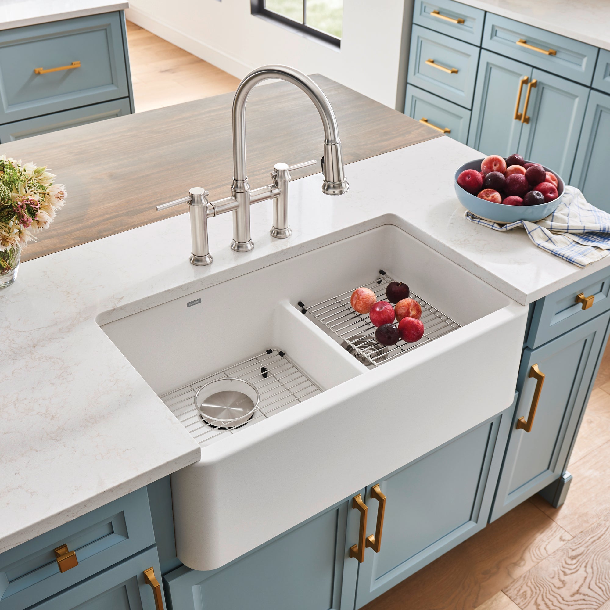 Blanco Ikon Silgranit 33" Double Bowl Apron-Front Farmhouse Sink with Low Divide