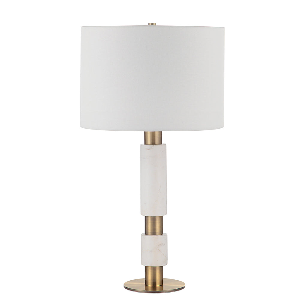 Renwil Pirot 27" Tall Antique Brushed Brass Iron Table Lamp with Tapered Linen Shade