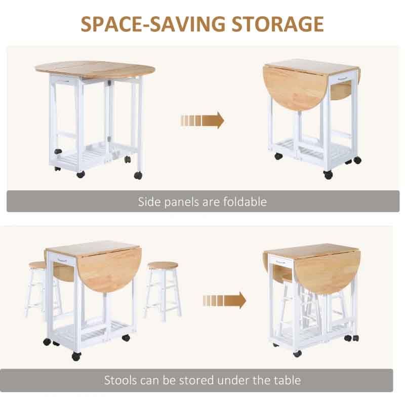 3 Piece Wooden Folding Dining Table Set with 2 Stools – 1020mm White & Pine | Space-Saving Compact Dining Furniture UK