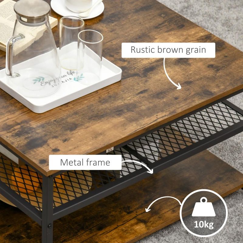 Industrial Square Coffee Table with Storage Shelves – Rustic Brown Wooden Table UK