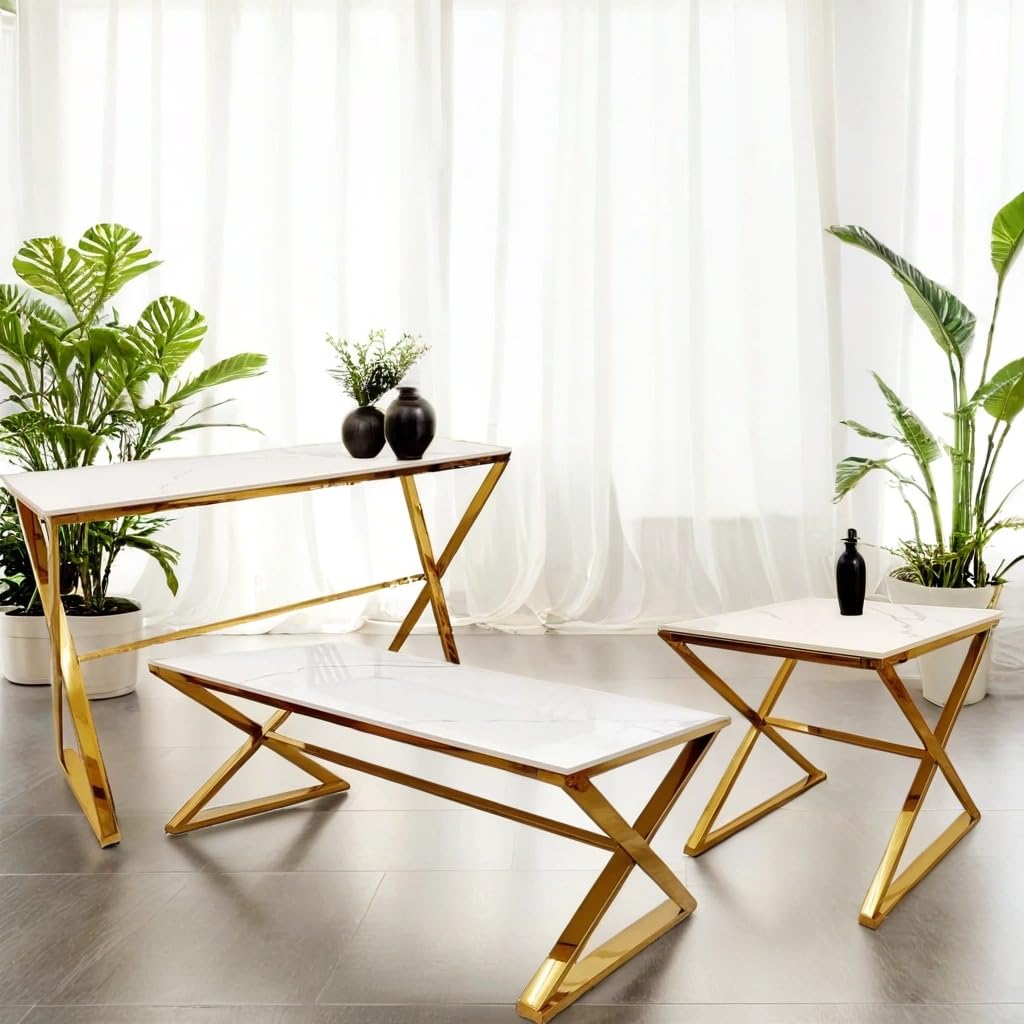 Zion Gold Console Table, Coffee Table & Side Tables Set – Slim Hallway Console, White Coffee Table & Small Side Lamp Tables