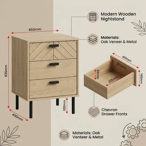 Leon 3 Drawer Bedside Table – Medium Oak Effect Wooden Nightstand with Storage
