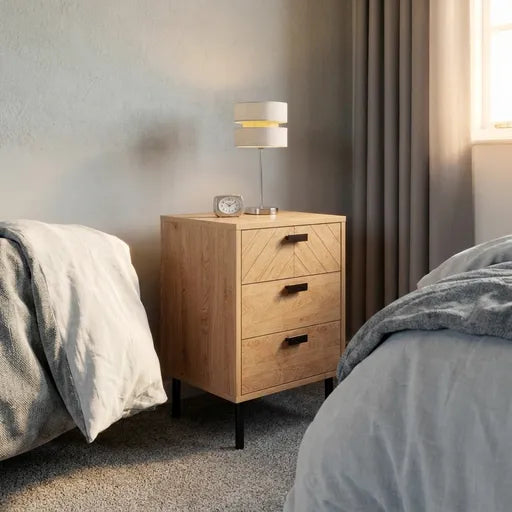 Leon 3 Drawer Bedside Table – Medium Oak Effect Wooden Nightstand with Storage