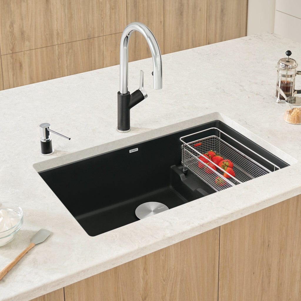 Blanco Precis Cascade Silgranit 29" Single Bowl Undermount Kitchen Sink with Colander