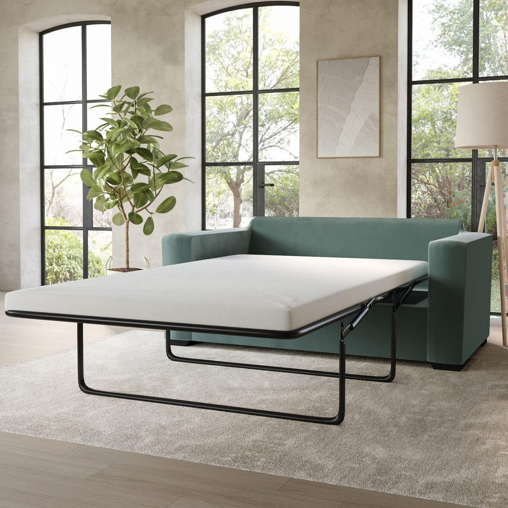 2 Seater Velvet Sofa Bed – Pull-Out Double Sleeper with Cushions & Soft Upholstery – Compact No Assembly Couch for Guest Room or Lounge – Olive, Mint Green or Blush Pink