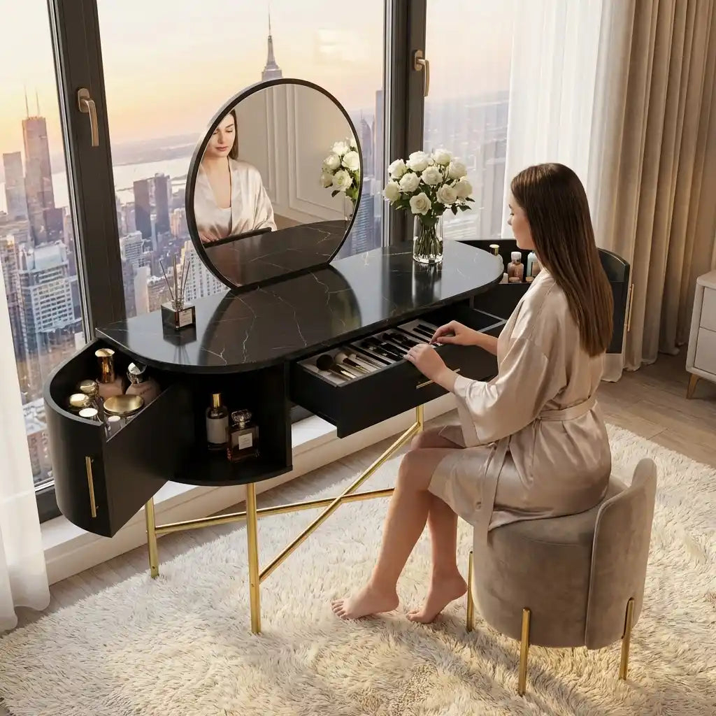 Gigi Black Marble Dressing Table with Mirror and Storage Drawers