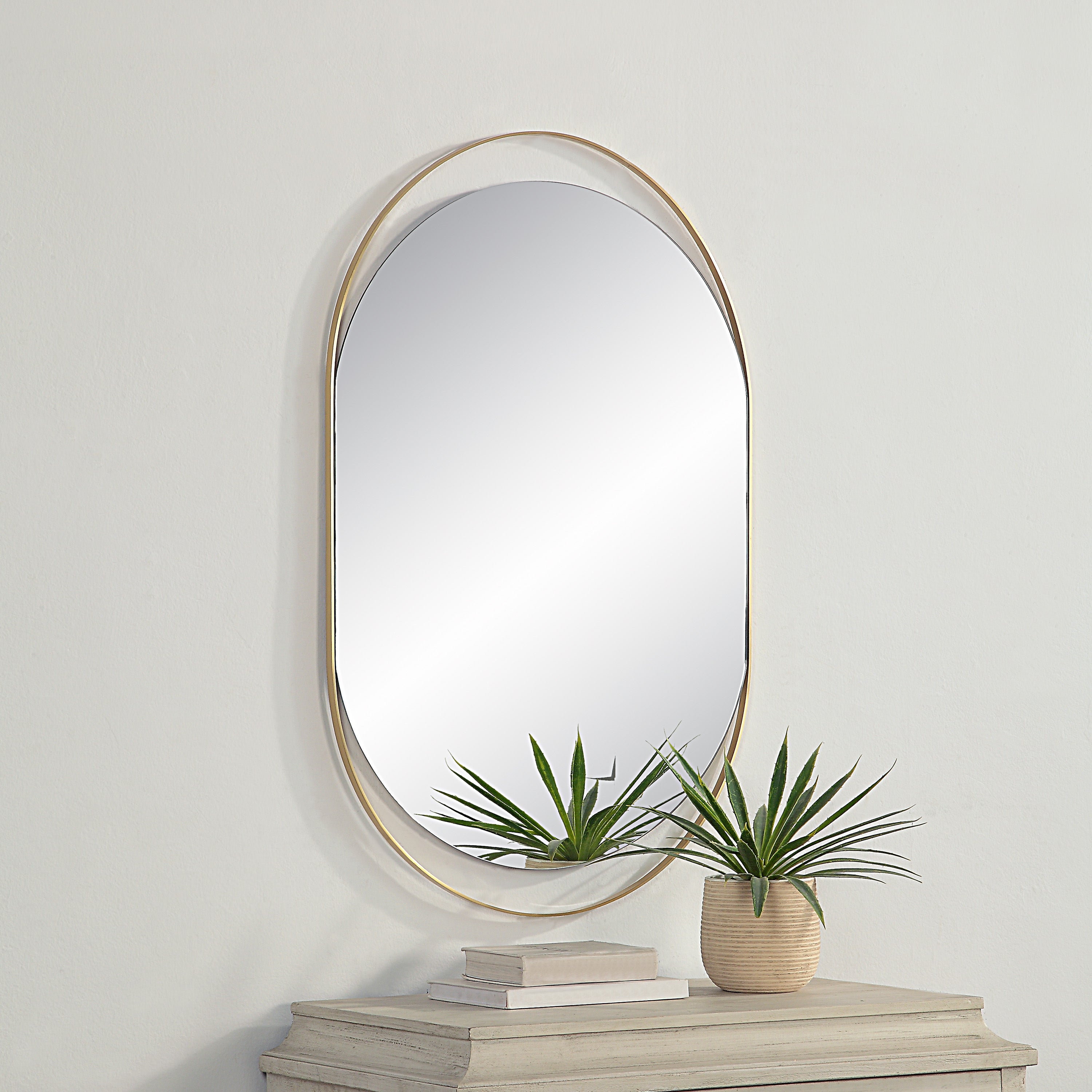 Renwil Ecru 40" Tall Pill Oval Mirror - Satin Brass