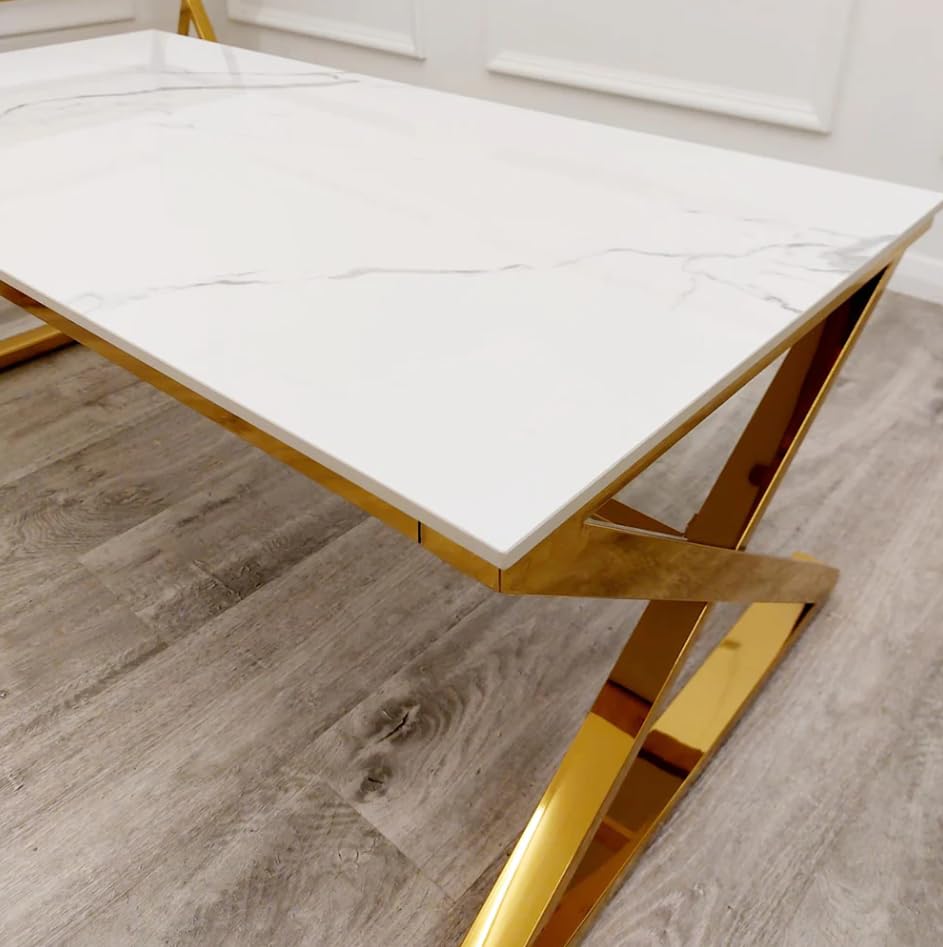 Zion Gold Console Table, Coffee Table & Side Tables Set – Slim Hallway Console, White Coffee Table & Small Side Lamp Tables