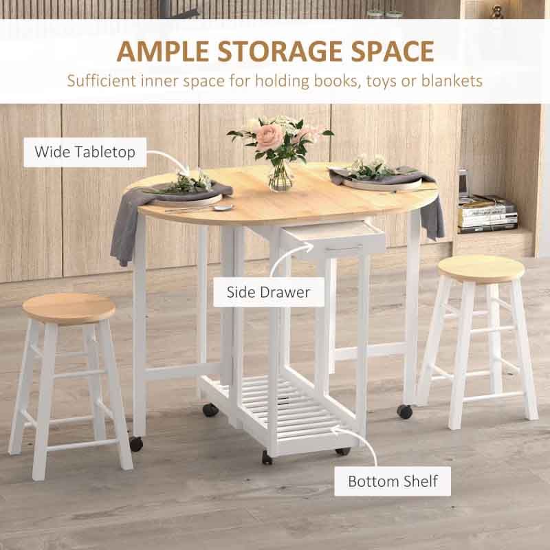 3 Piece Wooden Folding Dining Table Set with 2 Stools – 1020mm White & Pine | Space-Saving Compact Dining Furniture UK