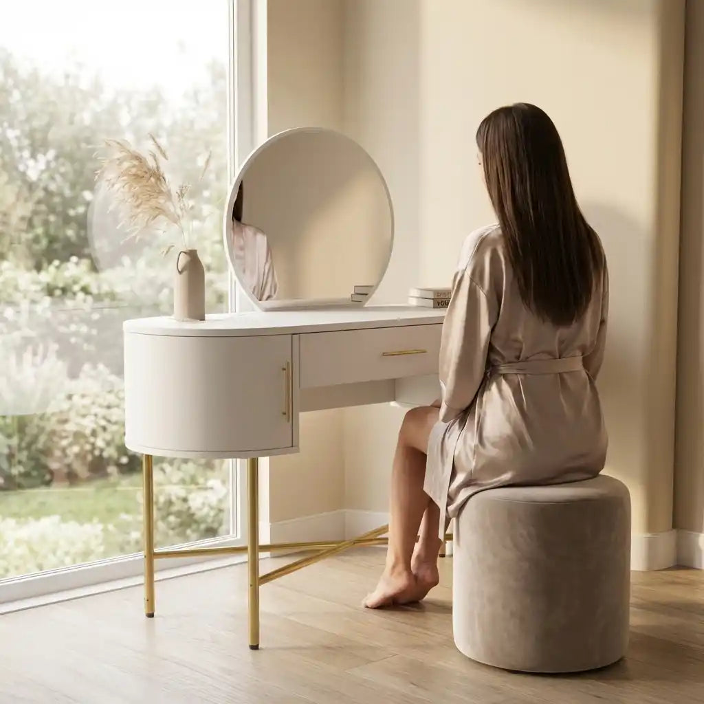 White & Gold Dressing Table with Mirror and Storage Drawers