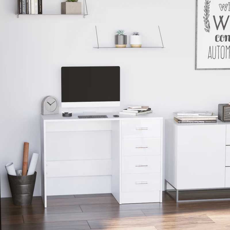 White Office Desk with 4 Drawers – Modern Home Office Workstation