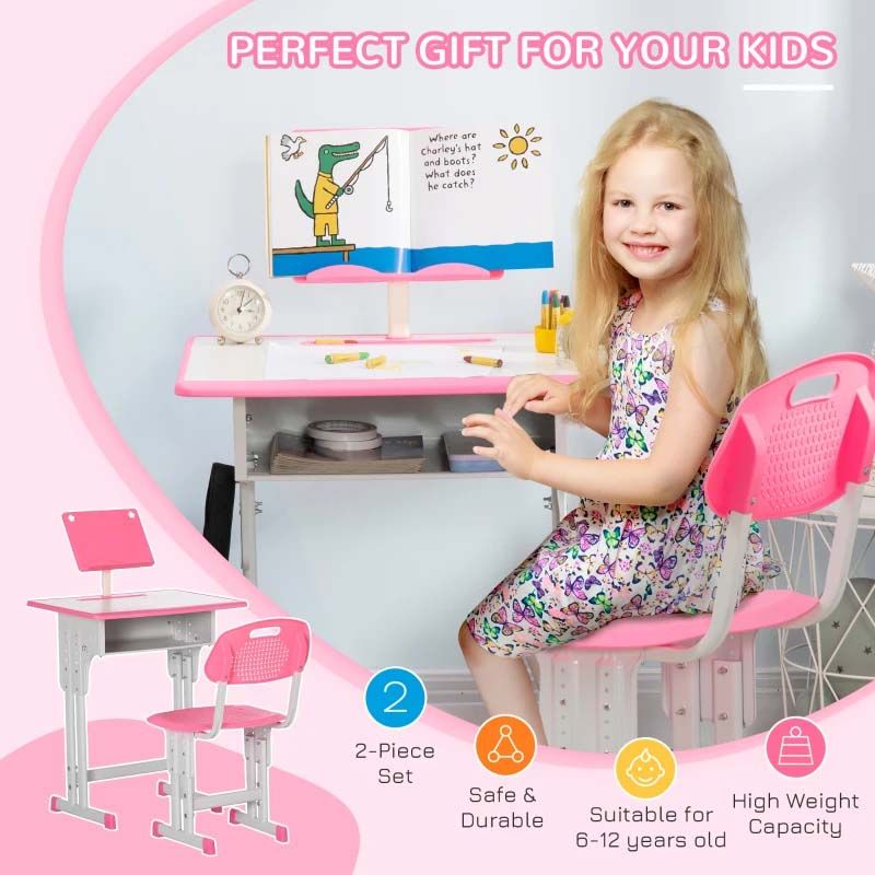 Pink Height Adjustable Kids Desk and Chair Set – 2 Piece Study Table for Children’s Bedroom or Homework Station