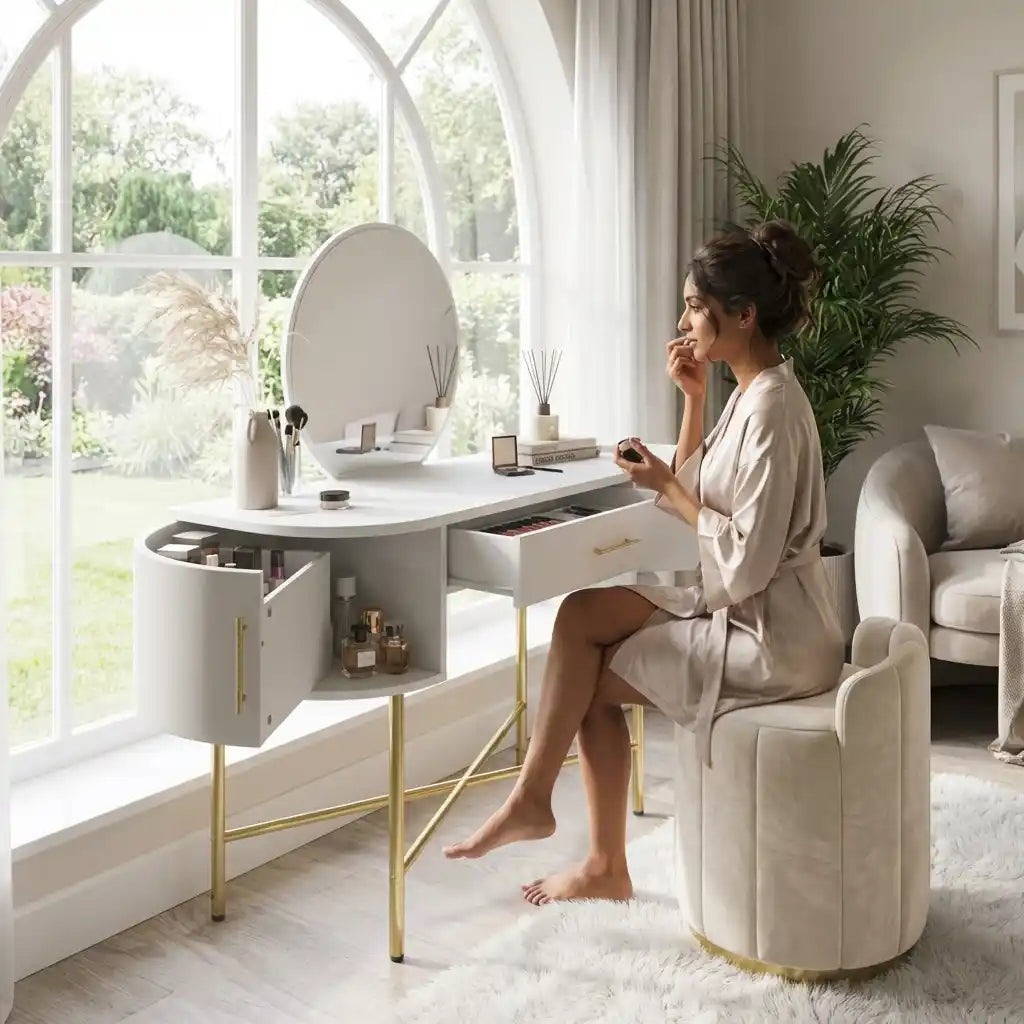 White & Gold Dressing Table with Mirror and Storage Drawers