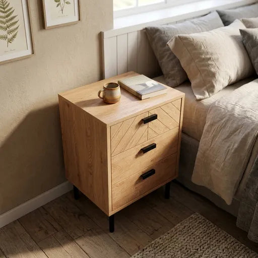Leon 3 Drawer Bedside Table – Medium Oak Effect Wooden Nightstand with Storage