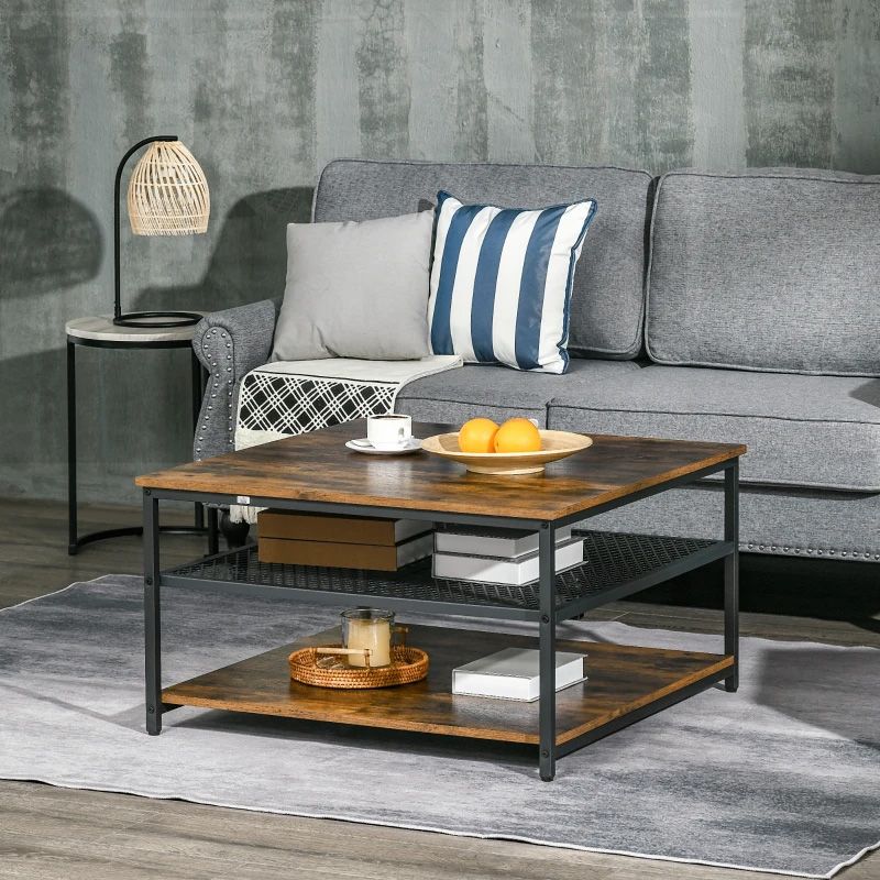 Industrial Square Coffee Table with Storage Shelves – Rustic Brown Wooden Table UK