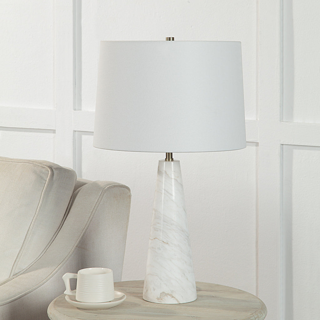 Renwil Vevey 25" Tall Plated Antique Brushed Brass Iron Table Lamp with Tapered Linen Shade